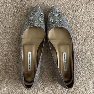 Manolo Blahnik Hangisi Black & Silver Mixed Glitter Fabric Jewel Flat Pumps
